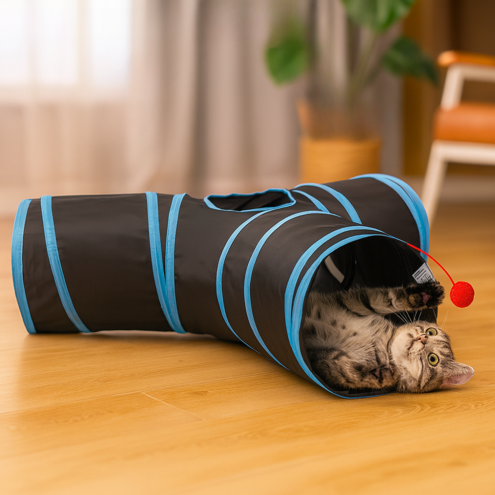 Interactive foldable 3-way tunnel with cat toy