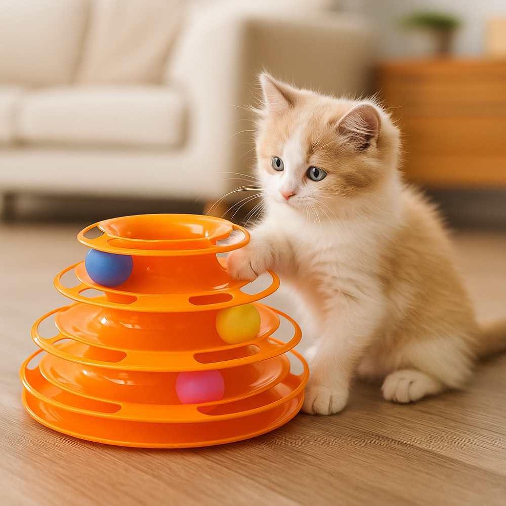 Interactive cat toy with 3 levels and coloured balls