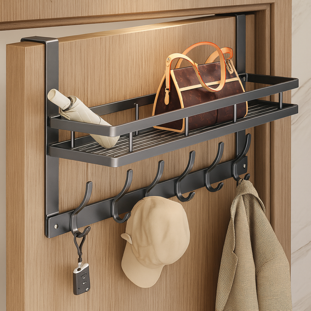 Multifunctional wall shelf with metal hooks – Easy storage for the bathroom, kitchen, and bedroom