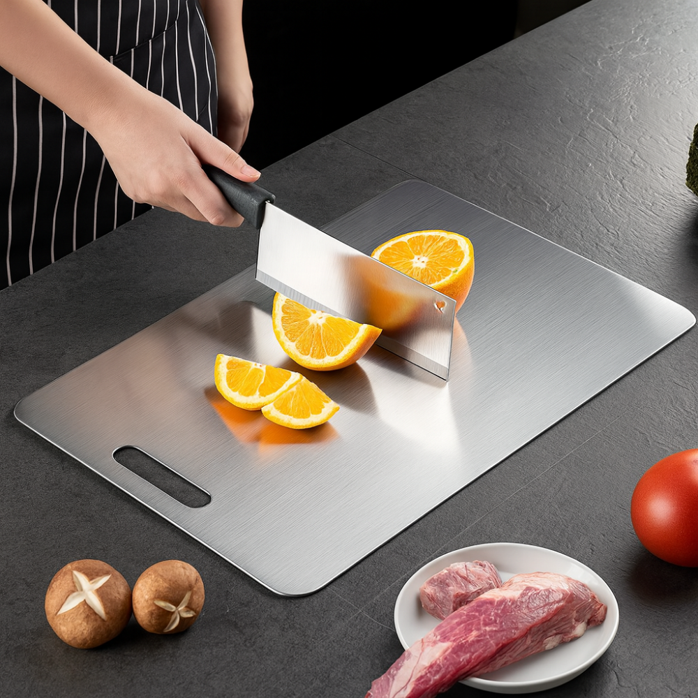 Double-sided stainless steel chopping board – Durable and hygienic for fruit, vegetables and meat