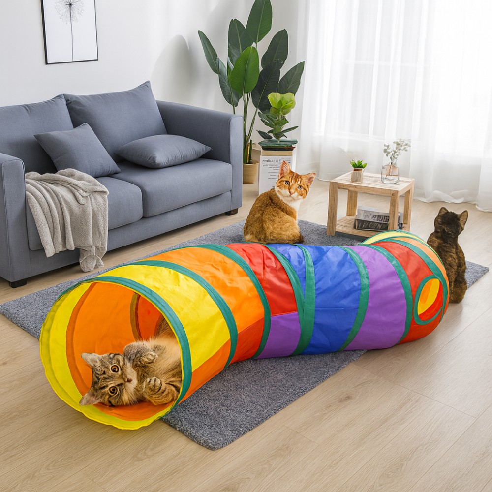 Foldable S-shaped play tunnel with hanging toy for cats