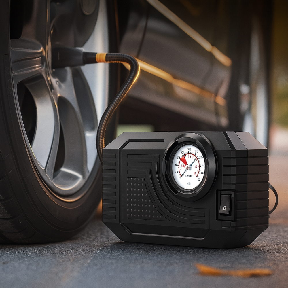 12V portable air compressor – LED car, motorbike and bicycle tyre inflator