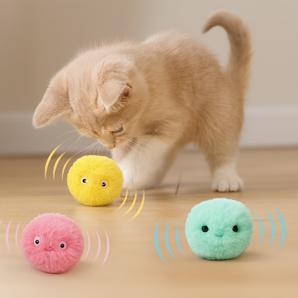 Interactive plush ball for cats – Soft and colourful educational toy with sound