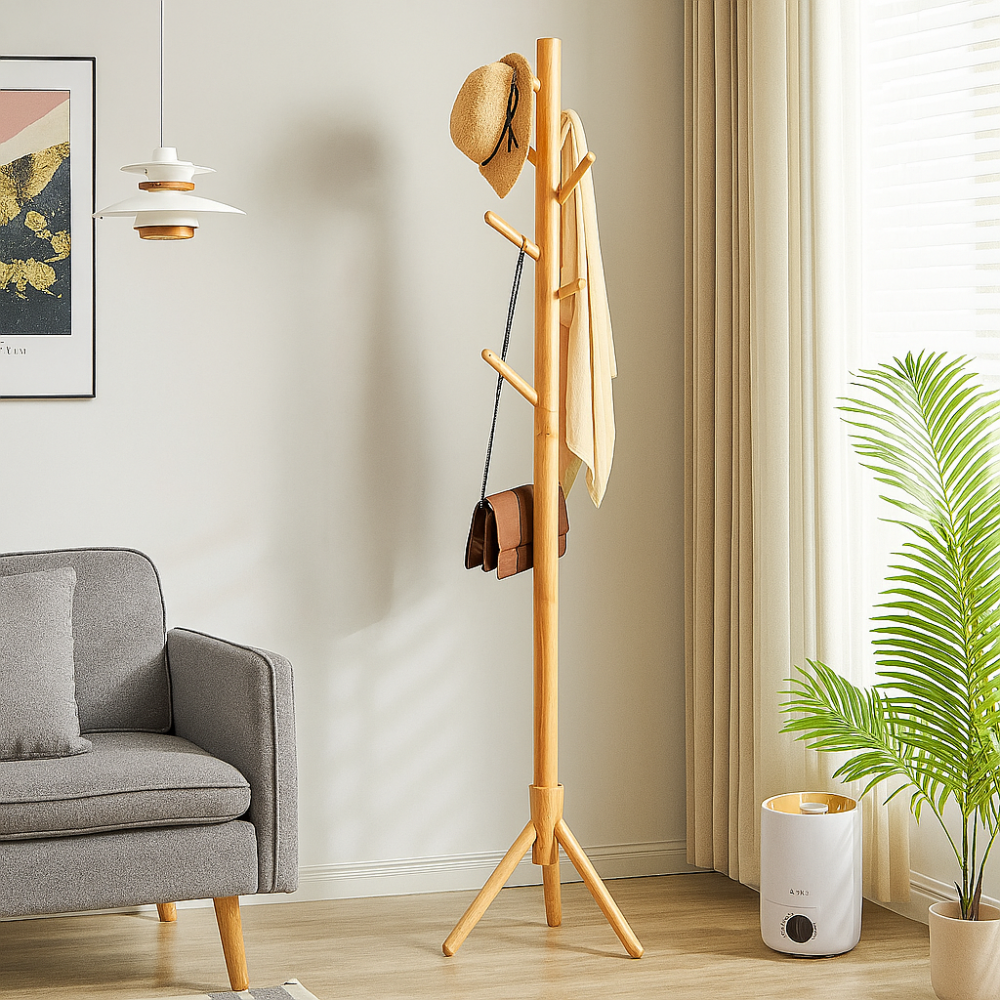 Free-standing coat rack in solid wood – 8 adjustable hooks for coats, bags and hats