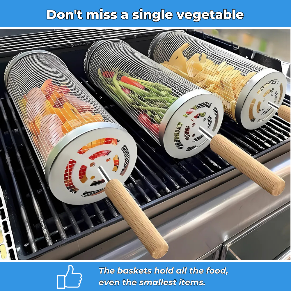 GrillMaster - Rolling Grill Baskets, Removable Wooden Handle (2PCS)