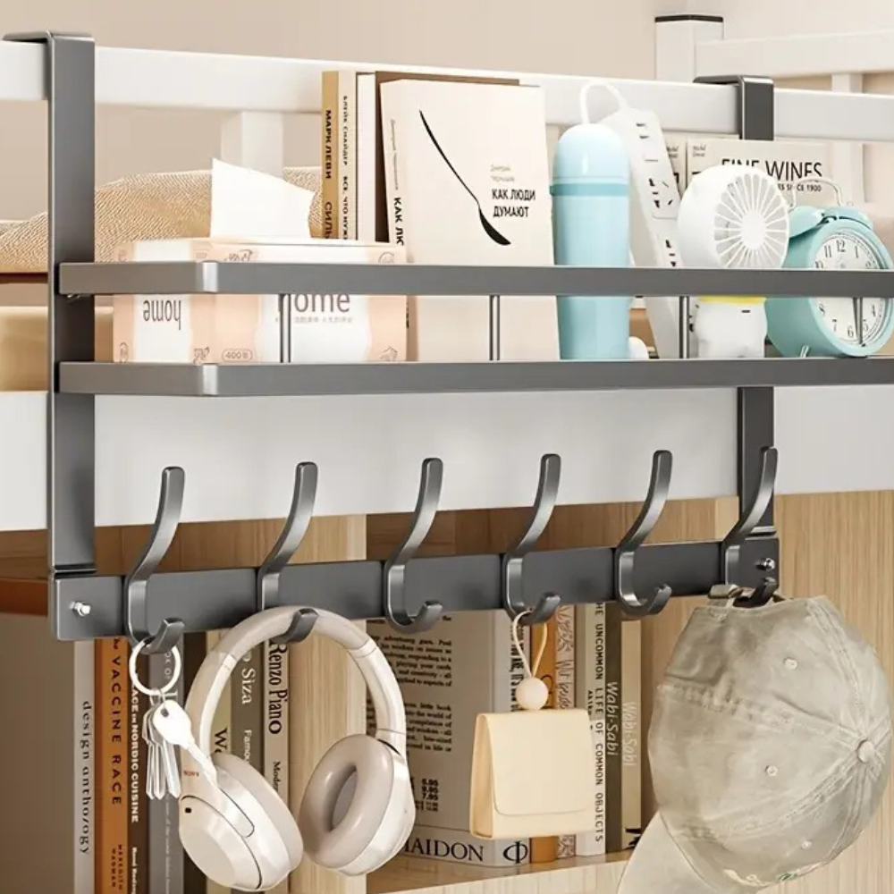Multifunctional wall shelf with metal hooks – Easy storage for the bathroom, kitchen, and bedroom