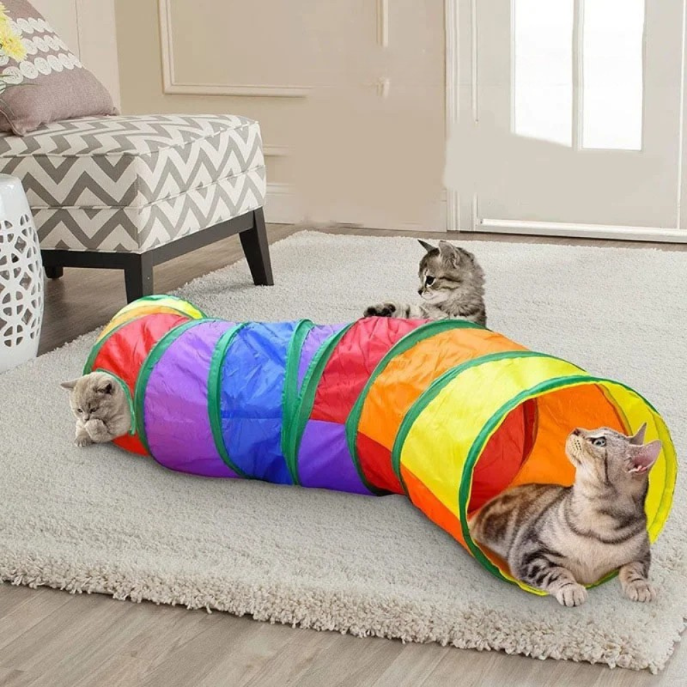 Foldable S-shaped play tunnel with hanging toy for cats