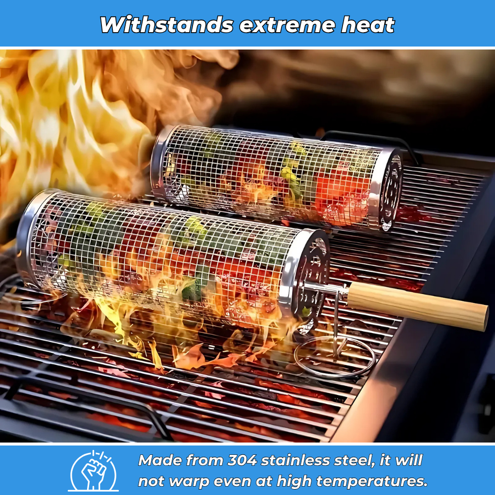 GrillMaster - Rolling Grill Baskets, Removable Wooden Handle (2PCS)