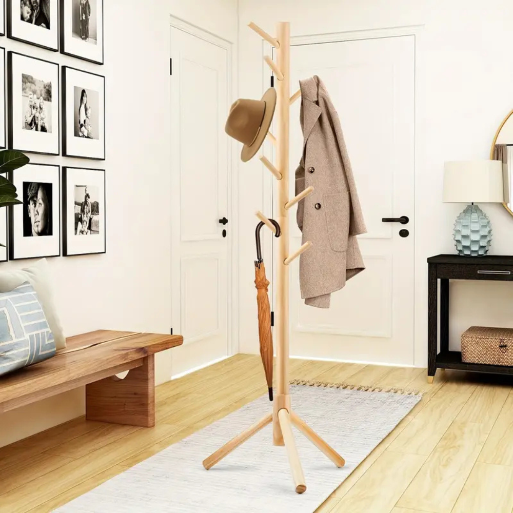 Free-standing coat rack in solid wood – 8 adjustable hooks for coats, bags and hats