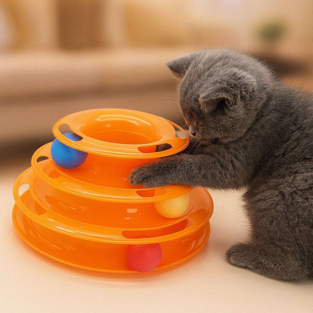 Interactive cat toy with 3 levels and coloured balls