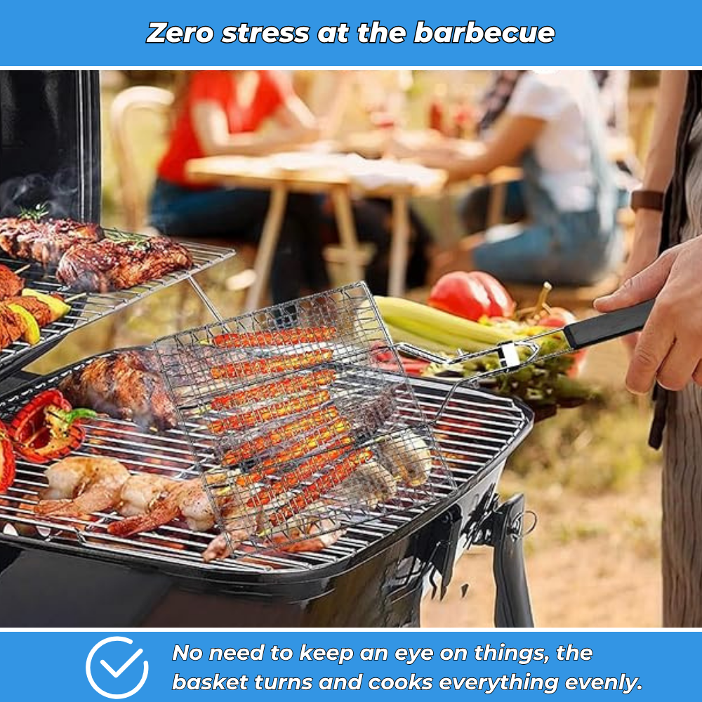 Stainless steel rotating BBQ cooking basket