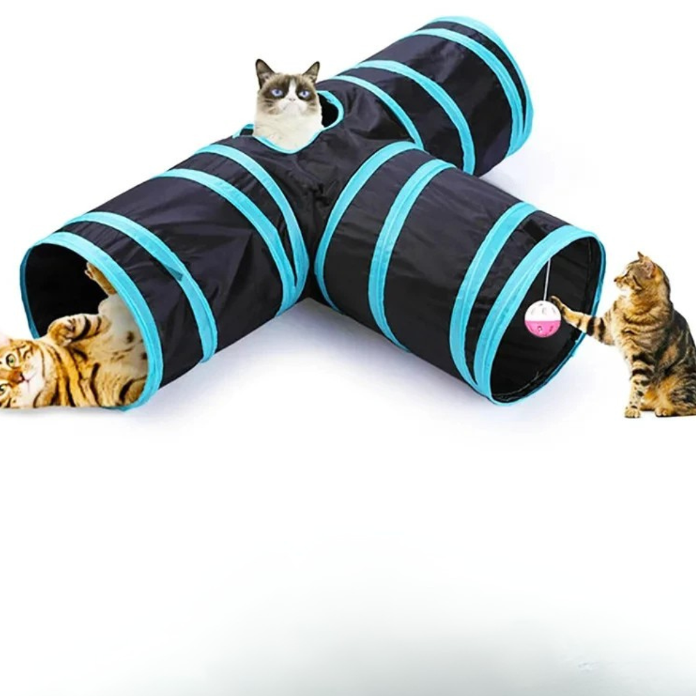 Interactive foldable 3-way tunnel with cat toy