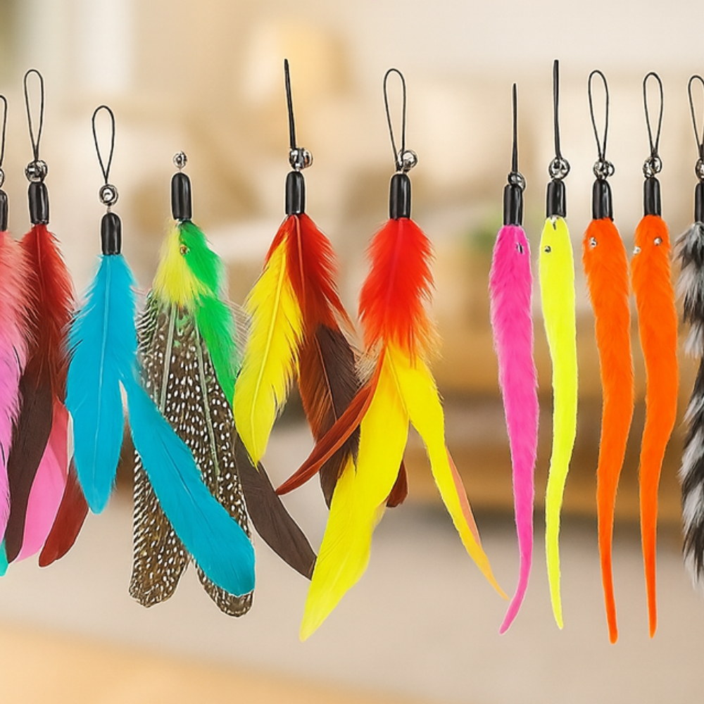 Set of 12 interactive cat toys with feathers and sticks