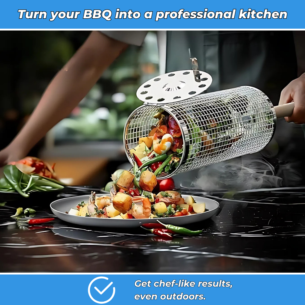 GrillMaster - Rolling Grill Baskets, Removable Wooden Handle (2PCS)