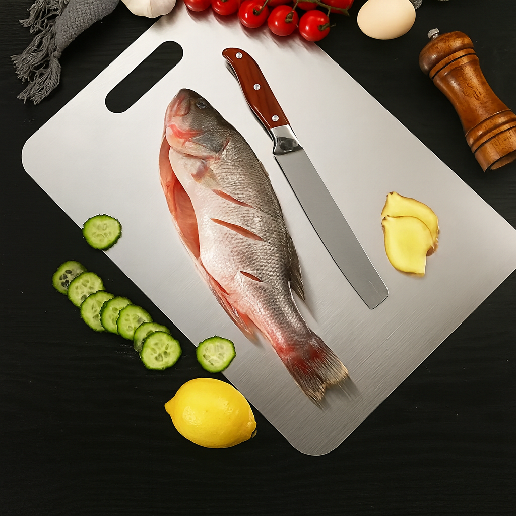 Double-sided stainless steel chopping board – Durable and hygienic for fruit, vegetables and meat