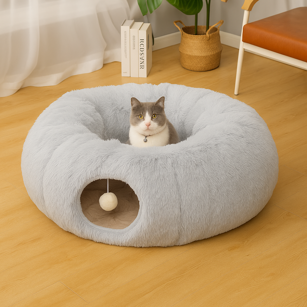 Warm, foldable plush tunnel for cats and small animals