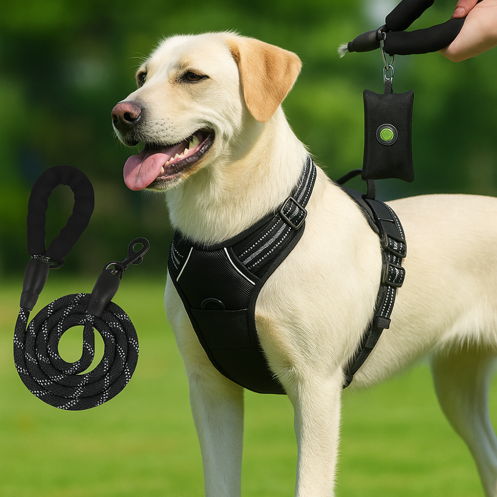 Dog escape-proof harness + lead and dispenser – adjustable and reflective