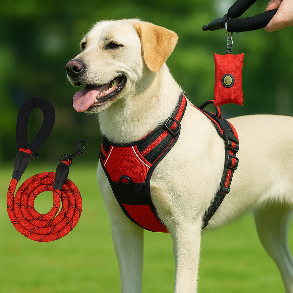Dog escape-proof harness + lead and dispenser – adjustable and reflective