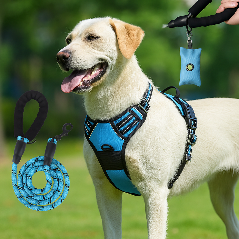 Dog escape-proof harness + lead and dispenser – adjustable and reflective
