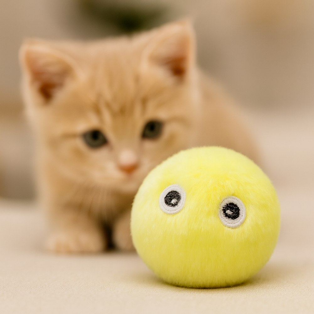 Interactive plush ball for cats – Soft and colourful educational toy with sound
