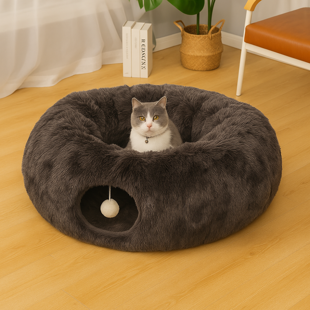 Warm, foldable plush tunnel for cats and small animals