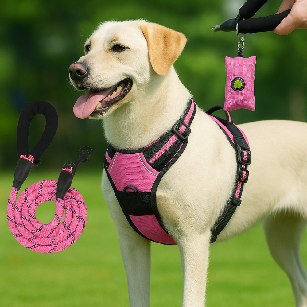 Dog escape-proof harness + lead and dispenser – adjustable and reflective