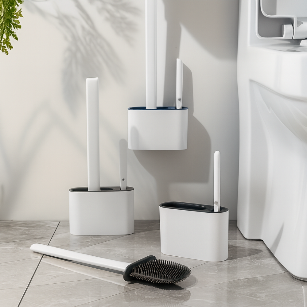 Wall-mounted silicone toilet brush – Set of 2 with holder