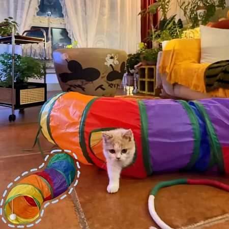 Foldable S-shaped play tunnel with hanging toy for cats