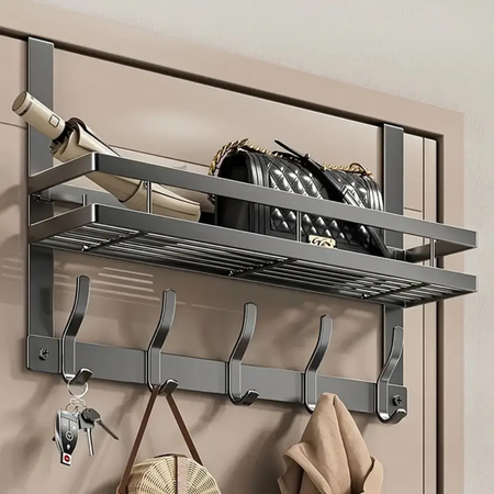 Multifunctional wall shelf with metal hooks – Easy storage for the bathroom, kitchen, and bedroom