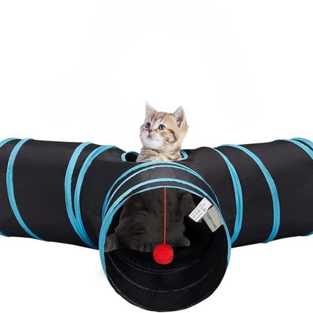 Interactive foldable 3-way tunnel with cat toy