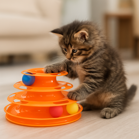 Interactive cat toy with 3 levels and coloured balls