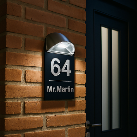 Customisable black solar entrance sign with silver lettering – Illuminated and weatherproof