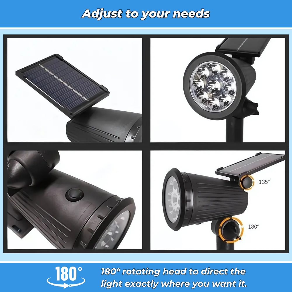 Outdoor solar LED spotlight, adjustable and waterproof