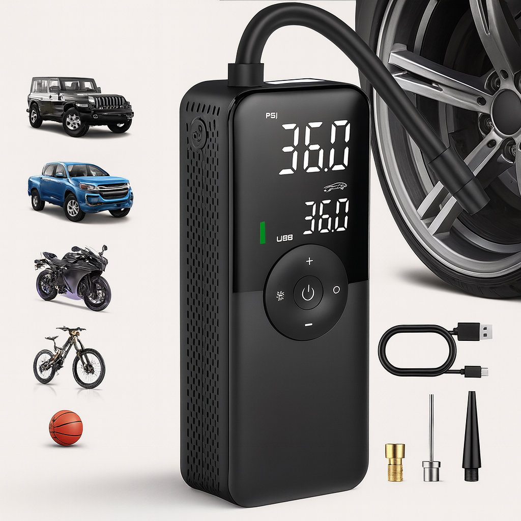 Portable tyre inflator for cars, motorcycles and bicycles – Electric air compressor