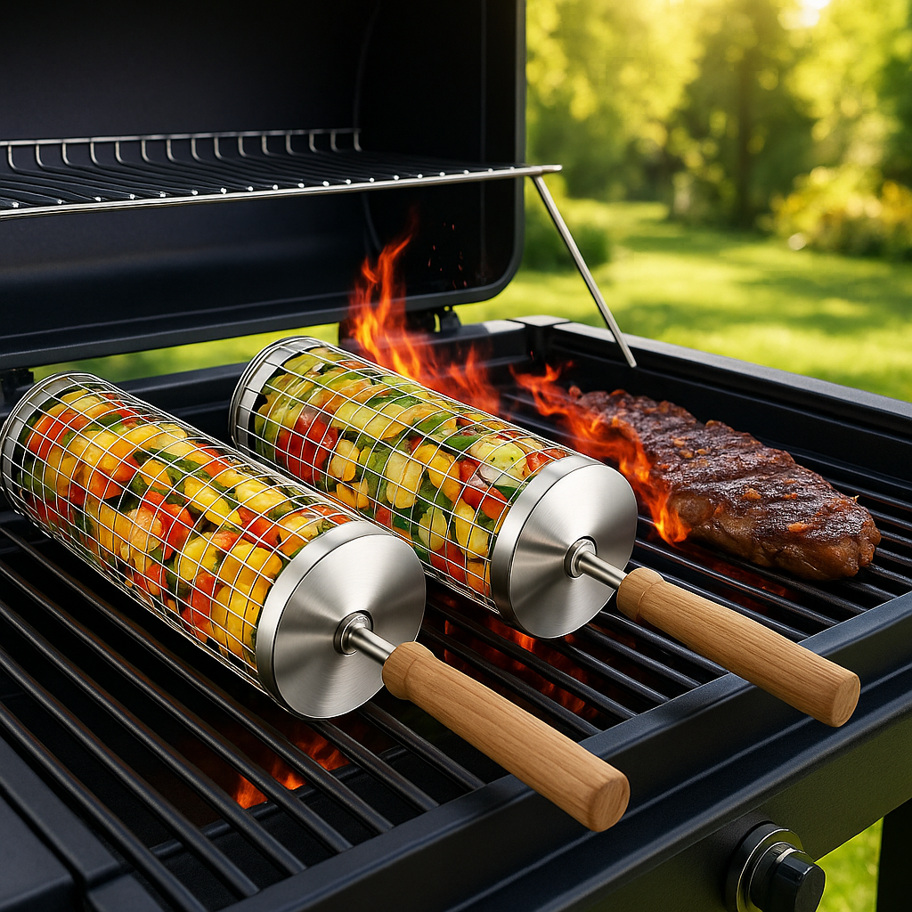 GrillMaster - Rolling Grill Baskets, Removable Wooden Handle (2PCS)